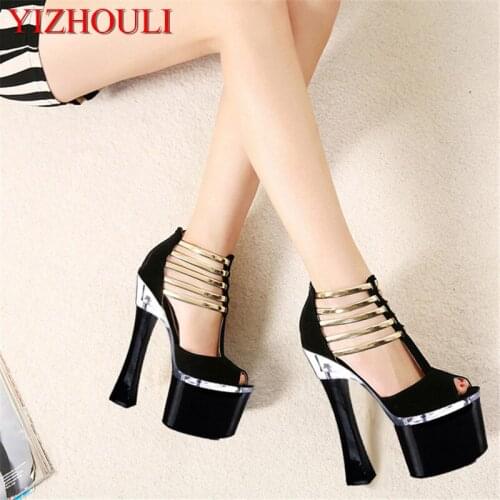 2017 cool lace sexy high-heeled shoes tassel platform open toe thick heel sandals female 18cm Dance Shoes