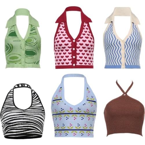 Y2K Paisley Halter Knitted Vest For Women Sexy Backless Slim Fit Tank Tops 90s Aesthetic Vintage Streetwear E-girl Cropped