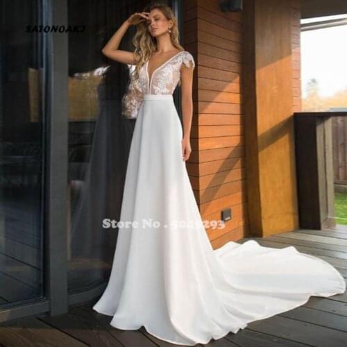 Boho Elegant Satin V-Neck A-Line Lace Wedding Dresses 2020 Beach Bridal Gowns Backless Vestido De Novia Robe Mariage Undefined