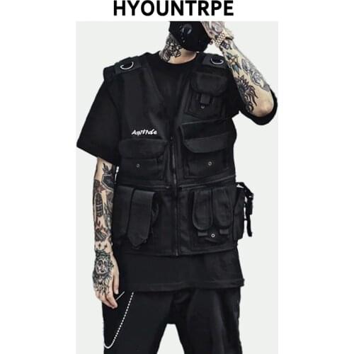 Hip Hop Sleeveless Vests Side Lace Up Cargo Waistcoat with Pockets Zipper Military Jacket Streetwear Tactical Vest Sweatshirts