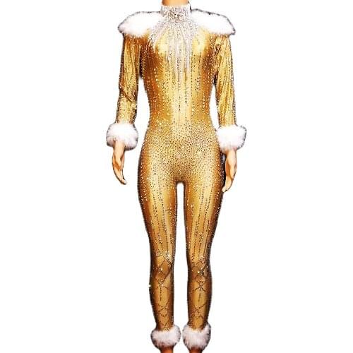 Gold Rhinestones Striped Feathers Tights Jumpsuit Turtleneck Long Sleeve Bodycon Nightclub Dance Wear Theatrical Costume Women