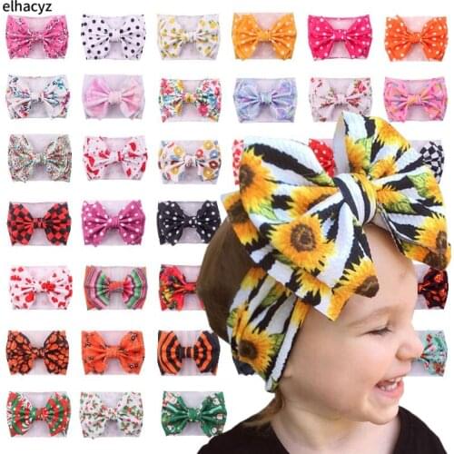 10pcs/lot New 7'' Large Bow Knot Hair Bows Headband Girls Spring Sunflower Printed Hair Bands Turban Headwrap Hair Accessories