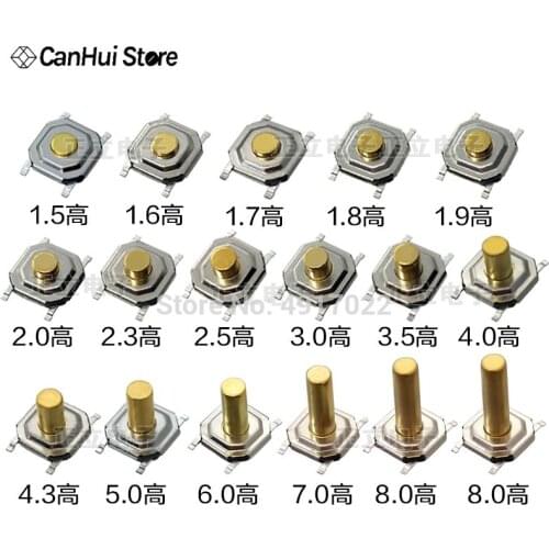 100pcs 4*4*1.5 mm 5.2*5.2 High 1.5-6.0 touch tact switch 4 PIN Metal SMD Tactile 12V Micro Push Button Switch copper feet 4*4*2