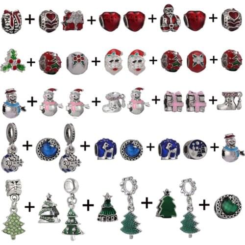 2Pcs/Lot 45 Styles Crystal Christmas Tree Beads Fit Silver Plated Charm Bracelet For Women Christmas Gift Making New Arrival