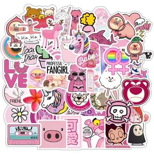 50Pcs Lovely Pink Cartoon Characters PVC Sticker For Decoration Notebook Phone Bag Laptop Fridge Suticase Helmet Car Stickers