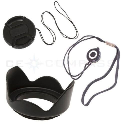 3 in 1 49 52 55 58 62 67 72 77 82mm Flower Lens Hood + Snap on Lens Cap + Lens Cap Keeper Elastic Loop for SLR Cameras