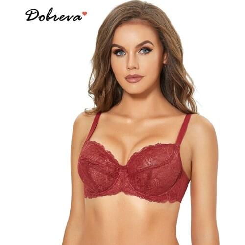 DOBREVA Womens See Through Unlined Lace Bra Underwire Plus Size Minimizer Full Coverage Bralette