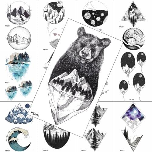 Black Star Bear Mountain Temporary Tattoos Sticker Universe Tree Water Transferabl Tattoo Body Art Drawing Fake Geometric Tatoos
