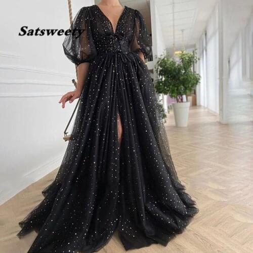 Black Starry Tulle Prom Dresses Half Puff Sleeves Wedding Party Dresses Pleats Split Sweep Train Long Prom Gowns Belt