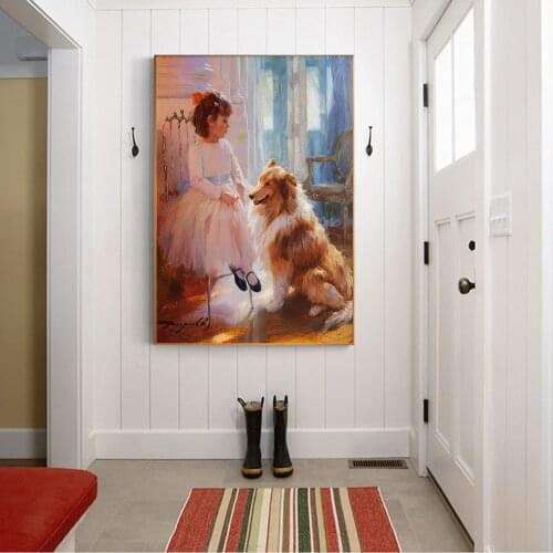 Citon Canvas Oil painting Konstantin Razumov《Cute Little Girl and dog》Artwork Poster Picture Modern Wall decor Home Decoration