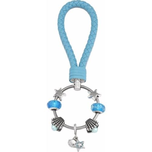 KEORMA Romantic Leather Blue Ocean Series Key Chain Woman Seashell Starfish Charm Pendant Car Keychain for Jewelry Gift YK044