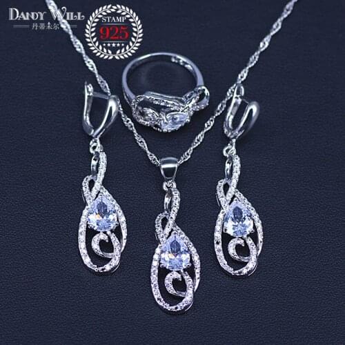 Long Pear White 4 Colors Zirconia White CZ silver color Jewelry Sets For Women Party Earrings/Pendant/Necklace/Rings