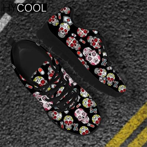 HYCOOL Fashion Women Men Sport Shoes Nursing Sugar Skull Pattern Print Flats Female Casual Sneakers Anti-Slip Zapatillas Mujer