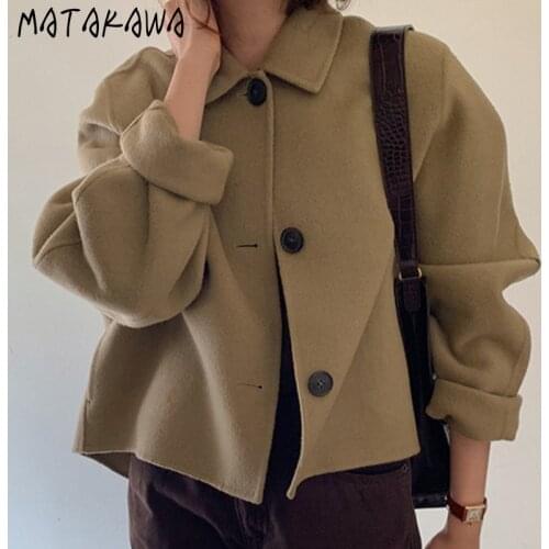 Matakawa Wool Coat Autumn Winter Cintage Turn Down Collar Puff Sleeve Single Breasted Woman Jacket Loose Casual Elegant Jackets