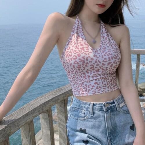 Sweet Women Leopard Halter Slim Camisole Tops Summer Sexy Lace Up Sleeveless Tank Tops