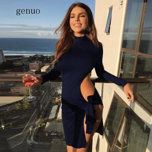 Fashion Women Summer Sexy Tight Dresses Casual High-Neck Knee-Length Long Sleeve Elegant Solid Color Dresses