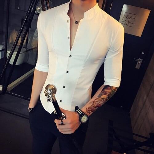 Stand Collar Chinese Style Shirt Men Slim Fit Korea Clothes Men Half Sleeve 2020 Summer Designer Club Shirt Chemise Homme