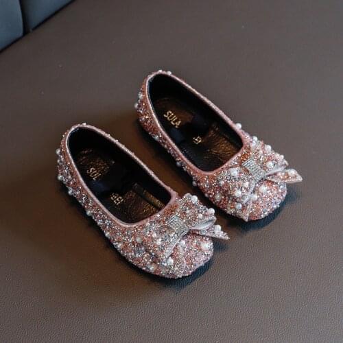 2021 new girls kids flat shoes big kids party dress shoes dancing shoes bow shiny rhinestone leather shoes