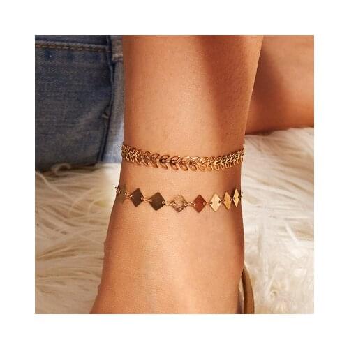 New Arrival Fashion Jewelry Simple Leaf Metal Square Anklet Simple Double Layer Anklet For Women and Girl