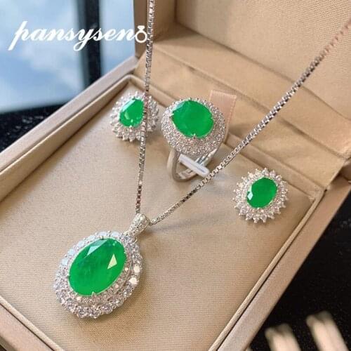 PANSYSEN 100% 925 Sterling Silver Emerald Simulated Moissanite Earrings Ring Pendant Necklace Anniversary Jewelry Set Wholesale