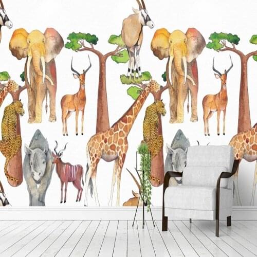 Custom Any Size Mural Wallpaper Nordic Style Watercolor Hand Painted African Animal Background Wall Paper Mural Papel De Parede