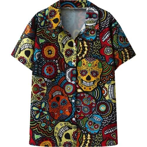 Skull Rose Print Shirts Men And Women Short Sleeve V Neck Casual Skeleton Print Beach Shirts Tops Hawaiian Blouse Chemise Homme