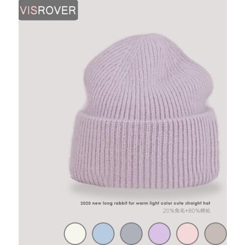 VISROVER 9 Colors Unisex Solid Color Real Rabbit Fur Beanies Winter Hat For Woman Knit Bonnet Acrylic Woman Autumn Warm Skullies