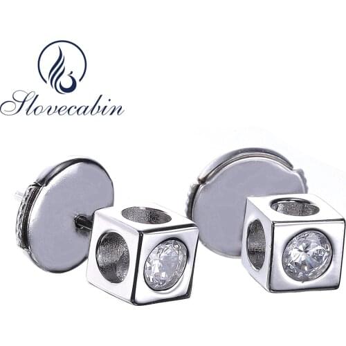 Slovecabin Real 925 Sterling Silver Zircon Square Bead Stud Earrings For Women Gift Simple Crystal Piercing Jewelry Accessories