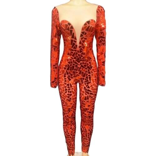 Red Shining Mirror Sequins Decoration Mesh Gauze Jumpsuit Long Sleeve Nightclub Performance Clothing Theatrical Costume Women