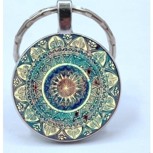Vintage Glass Dome Keychain Buddhism Chakra Glass Cabochon Pendant Jewelry Om India Yoga Mandala Keyring For Unisex