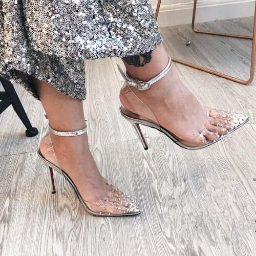 Slingback Women Pumps New Spring 8cm Summer Sandals Transparent heels PVC rivets Wedding Shoes Clear Strap Spike Heels