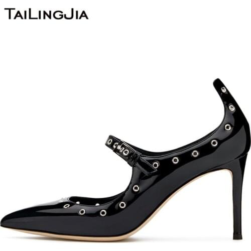 Stylish Pointed Toe High Heel Black Patent Pumps with Metal Loops Women Heeled Mary Jane Shoes Ladies Pointy Stiletto Heels 2019