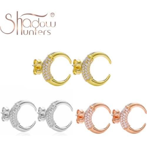 SHADOWHUNTERS Real 925 Sterling Silver Moon Stud Earrings Clear Zircon For Women Elegant Silver Wedding Jewelry Making Wholesale