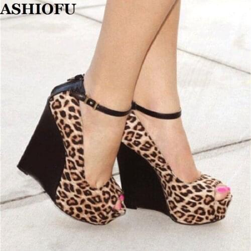 ASHIOFU Handmade New Arrival Ladies Wadge Heel Pumps Leopard Party Dress Shoes Peep-toe Patchwork Sexy Club Evening Court Shoes