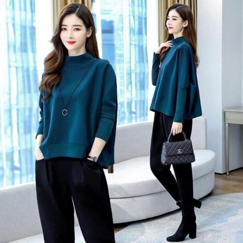 2021 New Autumn Winter Suit Fashion Solid Color Slim O Collar Sweatshirt + Harem Pants Loose Style Two-piece Set Women Y493