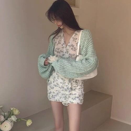 Korean Style Cardigans Vintage Kpop Mint Green Sweater Cardigan Women Long Sleeve Thin Button Knitted Garment Solid 2021 Autumn