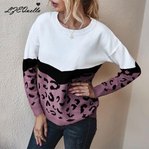 Fashion Leopard Patchwork Autumn Winter 2021 Ladies Knitted Sweater Women O-neck Full Sleeve Jumper Pullovers Top Khaki Brown