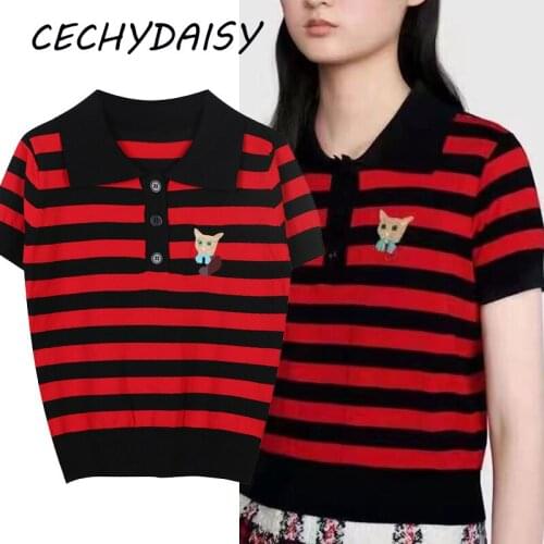Red Striped Sweater Pullovers Women Casual Short Sleeve Turn-Down Collar Embroidery Cat 2021 Summer Clothes Knitted Tops Za Traf