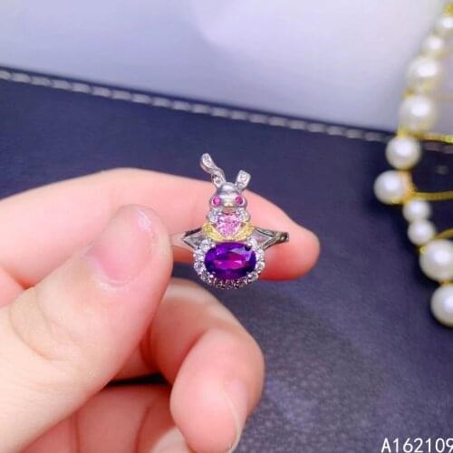 Exquisite Jewelry 925 Sterling Silver Inset With Gemstone Womens Popular Fashion Rabbit Amethyst Adjustable Ring Support Detect