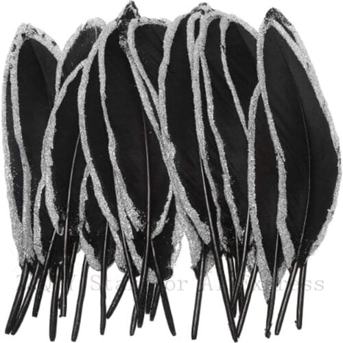 10-100 natural 15-20CM (6-8 inches) black goose feather sprayed silver powder edge DIY craft jewelry decoration jewelry feather
