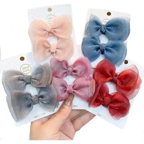 2 Pcs/Set Children Cute Colors Satin Knotted Double Bow Ornament Hair Clips Girls Lovely Hairpins Kids Fashion Hair Accessories