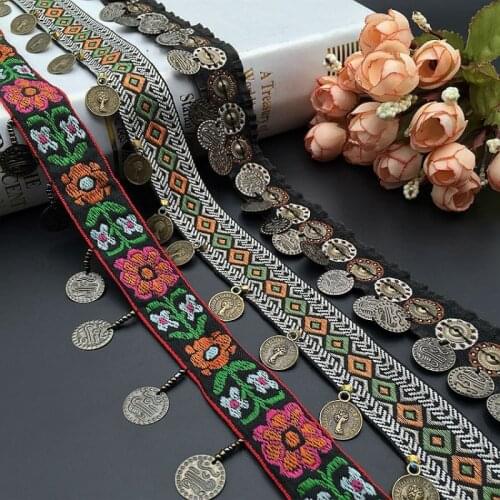 2 yards Ethnic Handmade Beaded Floral Embroidered Tassel Ribbon for Diy Curtains Home Textiles Trims Clothing Accessories