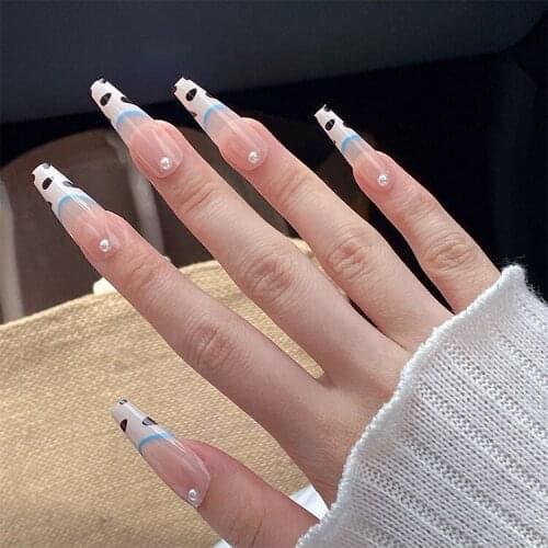 24pcs Cow Pattern Nail Patch Glue Type Removable Long Paragraph Fashion Manicure Save Time False Nail Patch DL
