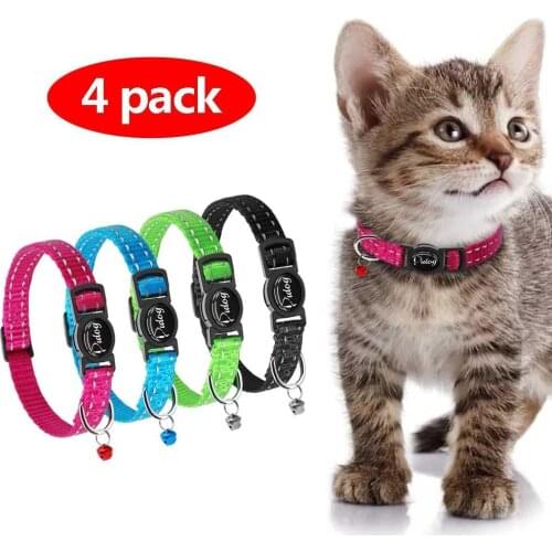 4pcs/lot Safety Breakaway Cat Kitten Collars Nylon Reflective Safety Collar For Small Cats with Bell Mixed 4 Colors