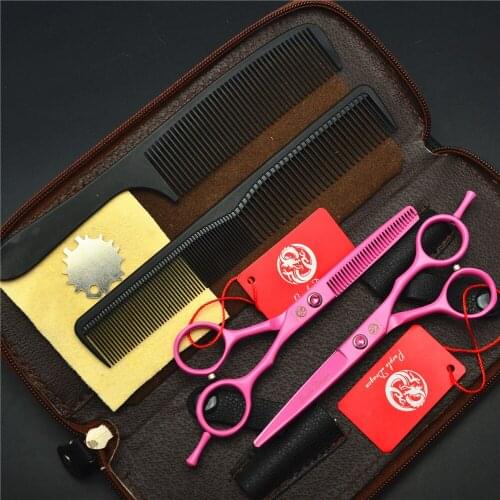 4Pcs Suit 5.5'' Pink 440C Professional Human Hair Scissors Hairdressing Scissors Cutting Shears + Thinning Scissors + Comb Z1013