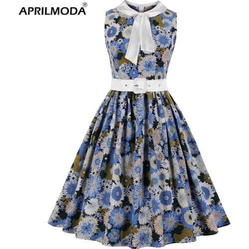 2021 Sleeveless Retro Vintage Casual Women Dress With Bow Neck Belt Plus Size Bohemian Beach Office OL Party Rockabilly Sundress