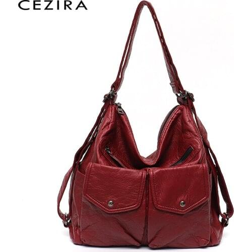CEZIRA Designer Soft Washed PU Leather Women Backpack Functional Pockets 2020 Casual Travel Knapsacks Female Large Shoulder Bags