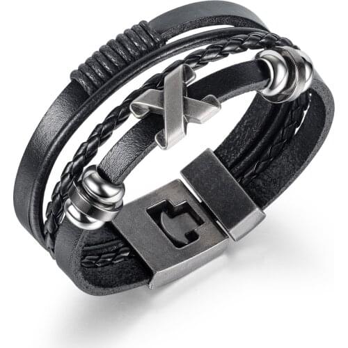 Cyue European Men Boy Braided Multi-layer Leather Bracelet Stainless Steel Cross Charms Button Wristband Fashion Jewelry YLB0162