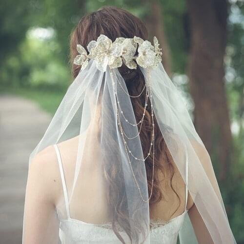 Bridal Veil Net Yarn Sequins Leaves Forest Wedding Veil Long Bead Chain Crystal Beautiful Temperament Wedding Accessories