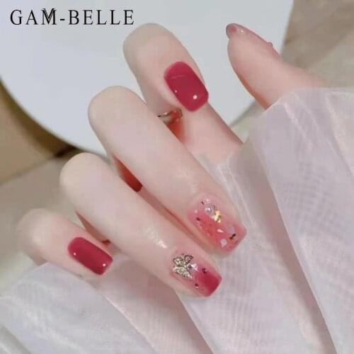 GAM-BELLE Red Glitter Fake Nails with 3D Butterfly Rhinestones Full Artificial Press On Nails Beauty Artificial False Nails